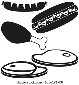 Black and white bbq meat silhouette set Cooking vector illustration for gift card certificate sticker, badge, sign, stamp, logo, label, icon, poster, patch