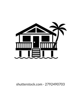 Black and white beach house icon for summer vacation, beach house with palm tree symbol and tropical lodging pictogram design