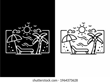 Black and white beach line art illustration design in a rectangle shape