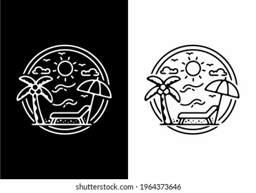 Black and white beach line art illustration design in a circle shape