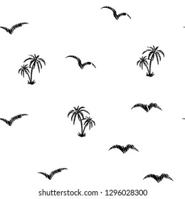 Black and white beach pattern of embroidered palms. Exotic seamless background.