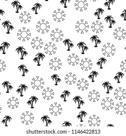 Black and white beach pattern with palm trees and sun for fabrics