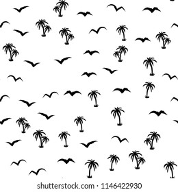 Black and white beach pattern with palm trees and birds for fabrics