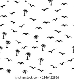 Black and white beach pattern with palm trees and birds for fabrics