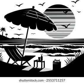 Black and White Beach Scene Illustration, Minimalist Coastal Artwork Design, Relaxation at Seaside,
 Summer Vacation Advertising Concept, Tropical Paradise Art, Sunset with Deck Chair and Umbrella ,
 