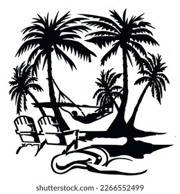 Black and white Beach scene vector with palm tree silhouette. 