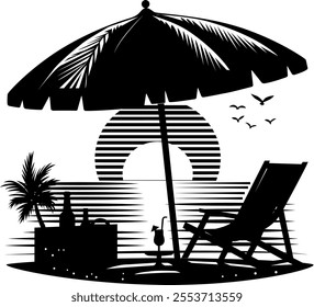 Black and White Beach Sunset Illustration, Minimalist Coastal Design, Tropical Vacation Scene,Tropical Paradise Art Deck Chair and Umbrella, Relaxation Concept, 
  