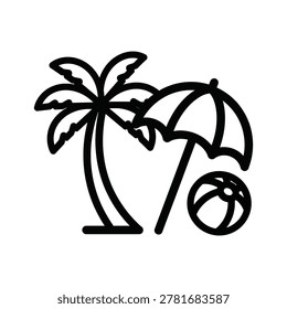 Black and white beach vacation icon with palm tree umbrella and ball