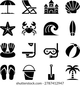 Black and white beach vacation and water sports icons featuring common seaside items and activities
