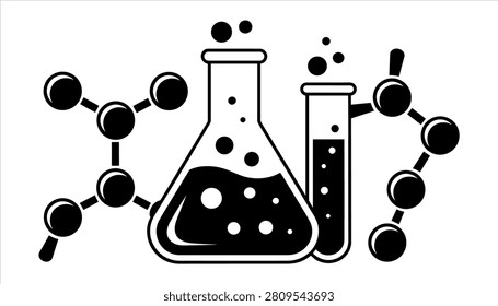 Black and white of beaker and test tube with molecular structures chemistry science