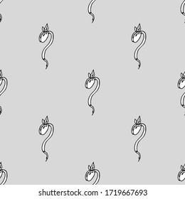 Black And White Bean Sprout Cartoon Object Seamless Pattern On Grey Background, Vector Doodle Art