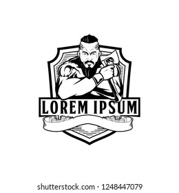 black and white bearded man character holding a axe vector badge logo template