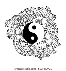 Black and white beautiful boho element with lace flowers leaves and Yin Yang symbol