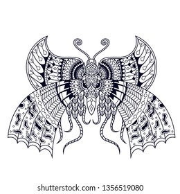 Black and white beautiful butterfly in zentangle style