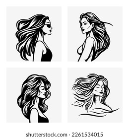 Black and White Beautiful Girl, Young Woman Portrait. Attractive Woman Design Template Set. Beautiful Model Face and Long Hair. Beauty Portrait of Summer Girl, Surf Womans Face. Vector Illustration