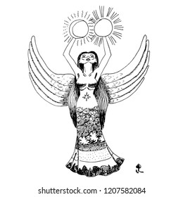 black and white beautiful goddess with wings and long dress is holding sun and moon