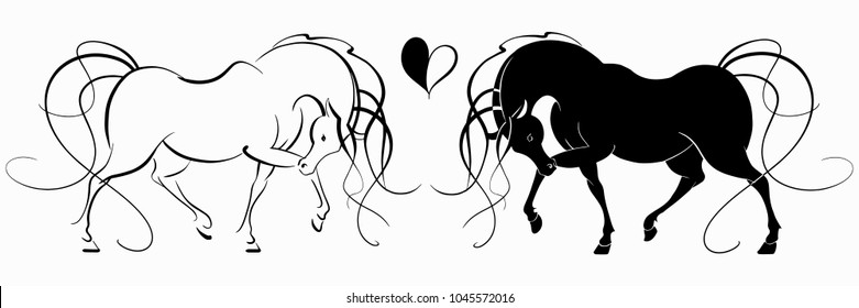 Black and white beautiful horses. Vector linear illustration. Horses duo