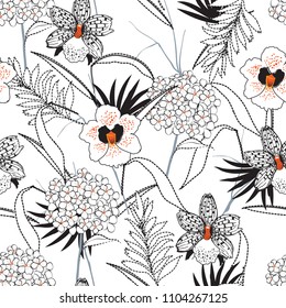 Black and white Beautiful orchid and graden flower mix with dash line leaves seamless pattern vector for fashion fabric and all prints on white  background