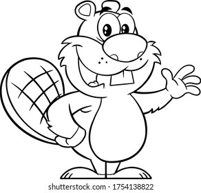 Black And White Beaver Cartoon Mascot Character Waving. Vector Illustration Isolated On White Background