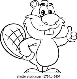 Black And White Beaver Cartoon Mascot Character Giving A Thumb Up. Vector Illustration Isolated On White Background