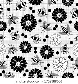 Black and white bee and flower seamless pattern design