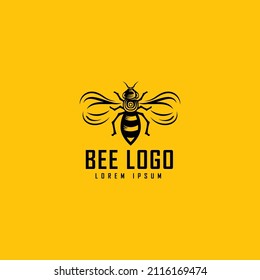Logo auf schwarz-weißer Biene, BienenVektorgrafik, Bienenlogo auf Vintage, Symbol, modern, Vorlage, auf gelbem Hintergrund