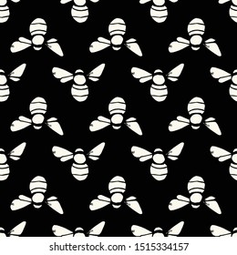 Black and white bee seamless pattern print background design. Great for fabric, wallpaper, textiles, interiors, home projects. Surface pattern design.