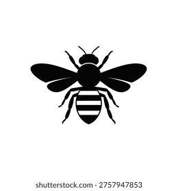 Black and white bee silhouette with striped abdomen and spread wings
