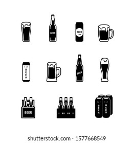 Black and white beer icon set. Vector