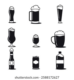 Black and white beer icons set