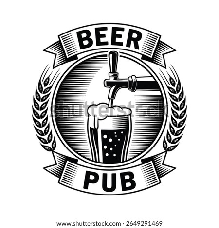 Black and White Beer Pub Logo with Wheat and Tap emblem