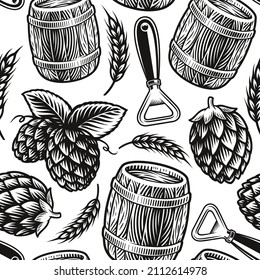Black and white beer seamless pattern in vintage style