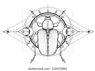 Black and white beetle over sacred geometry, isolated vector illustration. Tattoo sketch. Mystical symbols and insects. Alchemy, religion, occultism, spirituality, coloring book. Hand-drawn vintage.