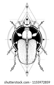 Black and white beetle over sacred geometry, isolated vector illustration. Tattoo sketch. Mystical symbols and insects. Alchemy, religion, occultism, spirituality, coloring book. Hand-drawn vintage.