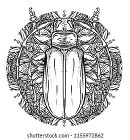 Black and white beetle over sacred geometry, isolated vector illustration. Tattoo sketch. Mystical symbols and insects. Alchemy, religion, occultism, spirituality, coloring book. Hand-drawn vintage.