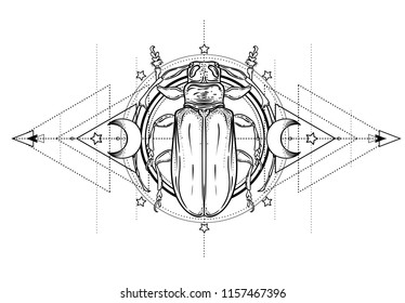 Black and white beetle over sacred geometry, isolated vector illustration. Tattoo sketch. Mystical symbols and insects. Alchemy, religion, occultism, spirituality, coloring book. Hand-drawn vintage.