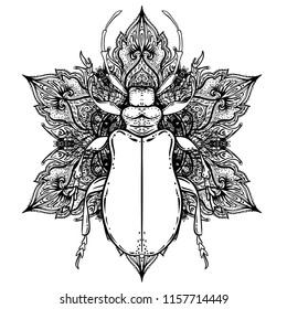 Black and white beetle over sacred geometry, isolated vector illustration. Tattoo sketch. Mystical symbols and insects. Alchemy, religion, occultism, spirituality, coloring book. Hand-drawn vintage.