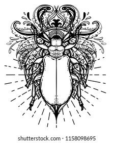 Black and white beetle over sacred geometry, isolated vector illustration. Tattoo sketch. Mystical symbols and insects. Alchemy, religion, occultism, spirituality, coloring book. Hand-drawn vintage.