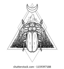 Black and white beetle over sacred geometry, isolated vector illustration. Tattoo sketch. Mystical symbols and insects. Alchemy, religion, occultism, spirituality, coloring book. Hand-drawn vintage.