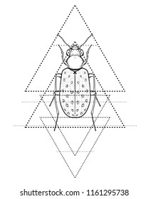 Black and white beetle over sacred geometry, isolated vector illustration. Tattoo sketch. Mystical symbols and insects. Alchemy, religion, occultism, spirituality, coloring book. Hand-drawn vintage.
