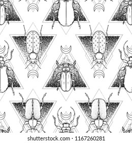 Black and white beetle over sacred geometry, isolated vector illustration. Seamless pattern. Mystical symbols and insects. Alchemy, religion, occultism, spirituality. Hand-drawn vintage.