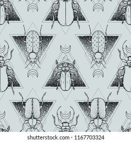Black and white beetle over sacred geometry, isolated vector illustration. Seamless pattern. Mystical symbols and insects. Alchemy, religion, occultism, spirituality. Hand-drawn vintage.