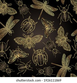 Black and white beetles, butterflies and dragonflies seamless pattern, isolated vector illustration. Mystical symbols and insects. Alchemy, religion, occultism, spirituality. Hand-drawn vintage.