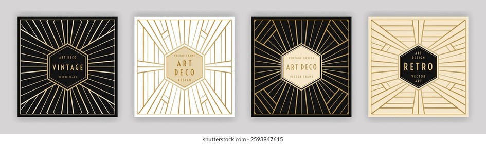 Black, white and beige cards geometry design. Art Deco vintage style frame set. Retro geometric outline decorations. Linear golden elements. EPS 10 vector illustration.
