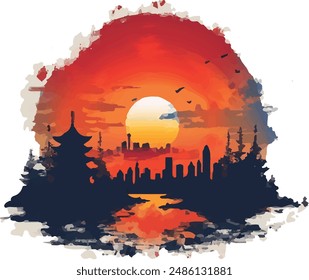 A black and white beijing city, china vector art logo design