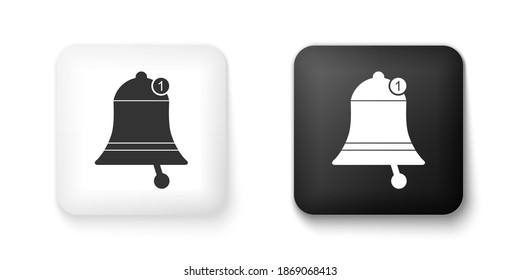 Icono de Campana negra y blanca aislado en fondo blanco. Nuevo icono de Notificación. Nuevo icono de mensaje. Botón cuadrado. Vector.