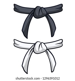 Black and white belt karate and judo. Oriental combat sport. Element of clothing Bathrobe fighter. Traditional Japanese kimono. Master level set. Hand drawn illustration