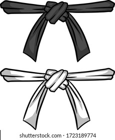 Black and white belt karate and judo. Oriental combat sport. Element of clothing of fighter. Traditional Japanese kimono. Master level set. Hand drawn illustration