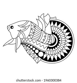 
black and white betta fish illustration with zentangle mandala for t-shirt desin