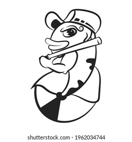 black and white betta fish mascot logo with stick vector illustration